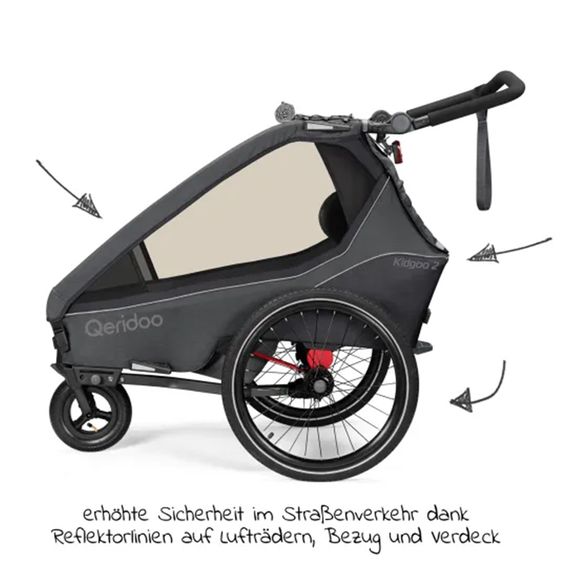 Qeridoo Kidgoo 2 children's bike trailer & buggy for 2 children with coupling, shock absorption system, XL trunk (up to 60 kg) - Steel Grey