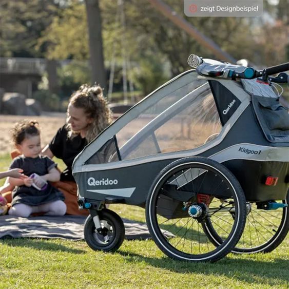 Qeridoo Kidgoo 2 children's bike trailer & buggy for 2 children with coupling, shock absorption system, XL trunk (up to 60 kg) - Steel Grey