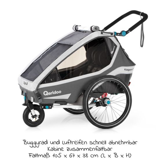 Qeridoo Kinderfahrradanhänger & Buggy Kidgoo 2 für 2 Kinder mit Kupplung, Dämpfsystem, XL-Kofferraum (bis 60kg) - Steel Grey