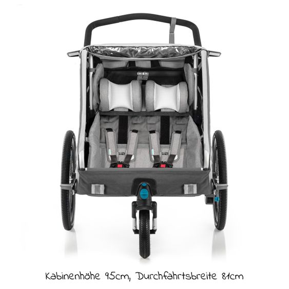 Qeridoo Kinderfahrradanhänger & Buggy Kidgoo 2 für 2 Kinder mit Kupplung, Dämpfsystem, XL-Kofferraum (bis 60kg) - Steel Grey