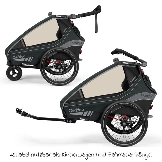 Qeridoo Kinderfahrradanhänger & Buggy Kidgoo 2 Sport für 2 Kinder mit Kupplung, Blattfeder-Dämpfsystem (bis 60 kg) - Limited Edition - Grey