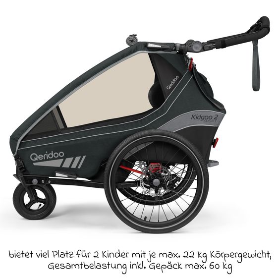 Qeridoo Kinderfahrradanhänger & Buggy Kidgoo 2 Sport für 2 Kinder mit Kupplung, Blattfeder-Dämpfsystem (bis 60 kg) - Limited Edition - Grey