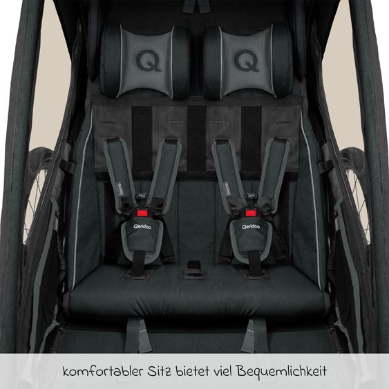 Qeridoo Kinderfahrradanhänger & Buggy Kidgoo 2 Sport für 2 Kinder mit Kupplung, Blattfeder-Dämpfsystem (bis 60 kg) - Limited Edition - Grey