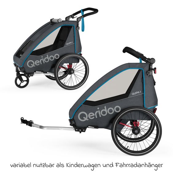 Qeridoo Kinderfahrradanhänger & Buggy QUPA 1 für 1 Kind mit Kupplung, Blattfeder-Dämpfsystem (bis 50 kg) - Blue