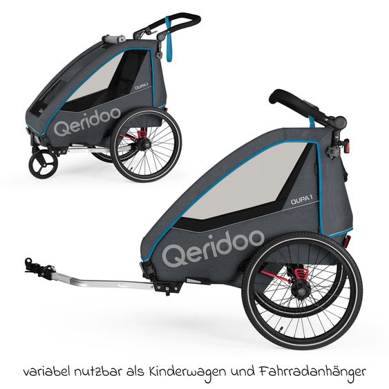 Qeridoo Kinderfahrradanhänger & Buggy QUPA 1 für 1 Kind mit Kupplung, Blattfeder-Dämpfsystem (bis 50 kg) - Blue