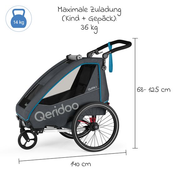 Qeridoo Kinderfahrradanhänger & Buggy QUPA 1 für 1 Kind mit Kupplung, Blattfeder-Dämpfsystem (bis 50 kg) - Blue