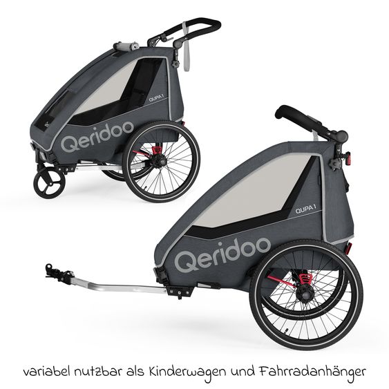 Qeridoo Kinderfahrradanhänger & Buggy QUPA 1 für 1 Kind mit Kupplung, Blattfeder-Dämpfsystem (bis 50 kg) - Grey