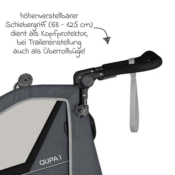 Qeridoo Kinderfahrradanhänger & Buggy QUPA 1 für 1 Kind mit Kupplung, Blattfeder-Dämpfsystem (bis 50 kg) - Grey