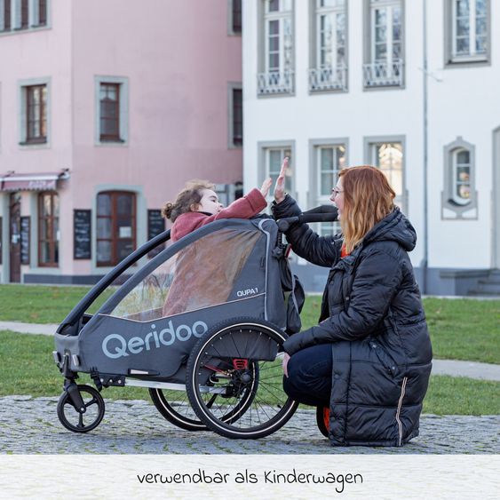 Qeridoo Kinderfahrradanhänger & Buggy QUPA 1 für 1 Kind mit Kupplung, Blattfeder-Dämpfsystem (bis 50 kg) - Grey