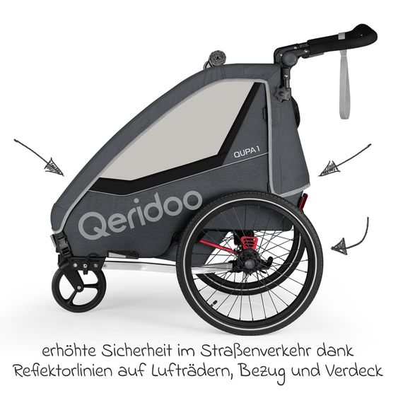 Qeridoo Kinderfahrradanhänger & Buggy QUPA 1 für 1 Kind mit Kupplung, Blattfeder-Dämpfsystem (bis 50 kg) - Grey