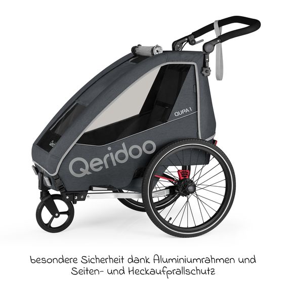 Qeridoo Kinderfahrradanhänger & Buggy QUPA 1 für 1 Kind mit Kupplung, Blattfeder-Dämpfsystem (bis 50 kg) - Grey