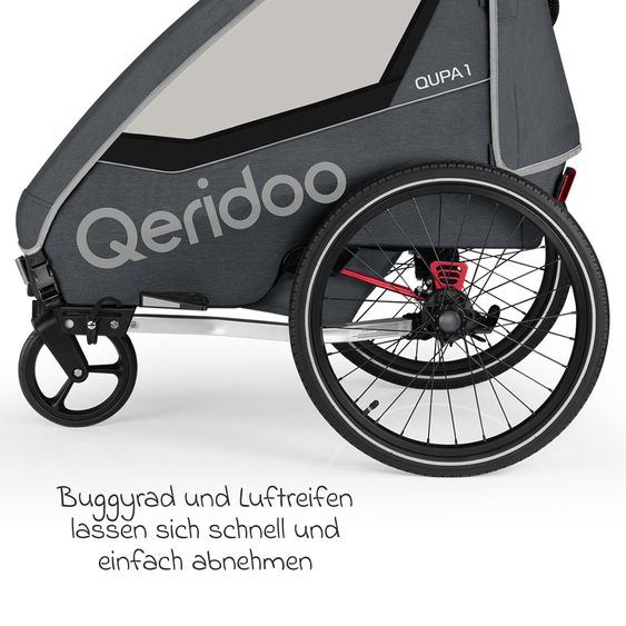 Qeridoo Kinderfahrradanhänger & Buggy QUPA 1 für 1 Kind mit Kupplung, Blattfeder-Dämpfsystem (bis 50 kg) - Grey