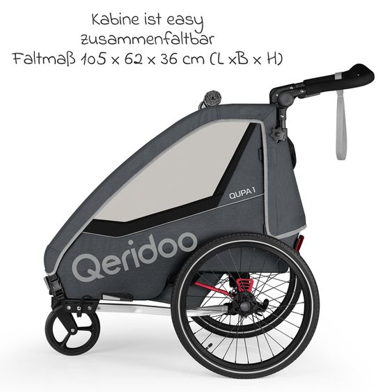 Qeridoo Kinderfahrradanhänger & Buggy QUPA 1 für 1 Kind mit Kupplung, Blattfeder-Dämpfsystem (bis 50 kg) - Grey