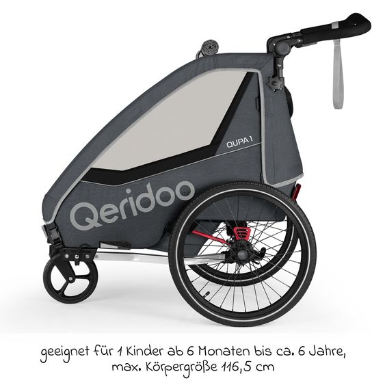 Qeridoo Kinderfahrradanhänger & Buggy QUPA 1 für 1 Kind mit Kupplung, Blattfeder-Dämpfsystem (bis 50 kg) - Grey