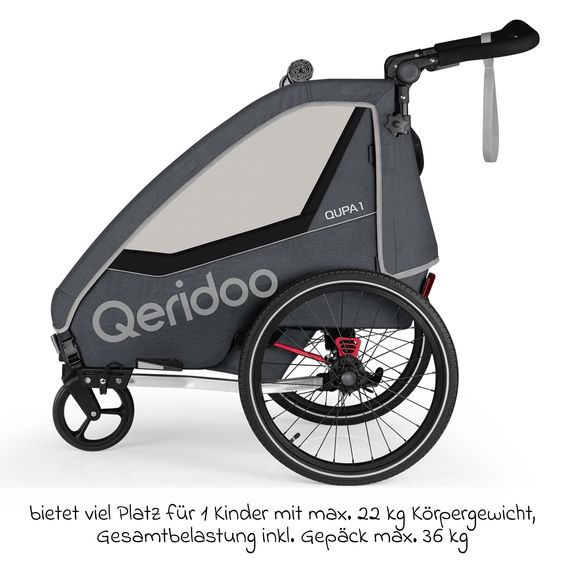 Qeridoo Kinderfahrradanhänger & Buggy QUPA 1 für 1 Kind mit Kupplung, Blattfeder-Dämpfsystem (bis 50 kg) - Grey