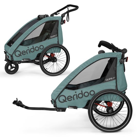 Qeridoo Kinderfahrradanhänger & Buggy Qupa 1 Plus für 1 Kind (bis 50 kg) mit Kupplung, Blattfeder-Dämpfsystem, 3in1 Verdeck - Mineral Blue