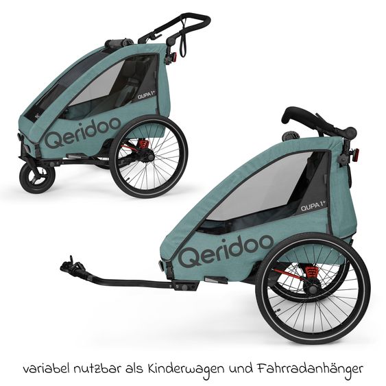 Qeridoo Kinderfahrradanhänger & Buggy Qupa 1 Plus für 1 Kind (bis 50 kg) mit Kupplung, Blattfeder-Dämpfsystem, 3in1 Verdeck - Mineral Blue