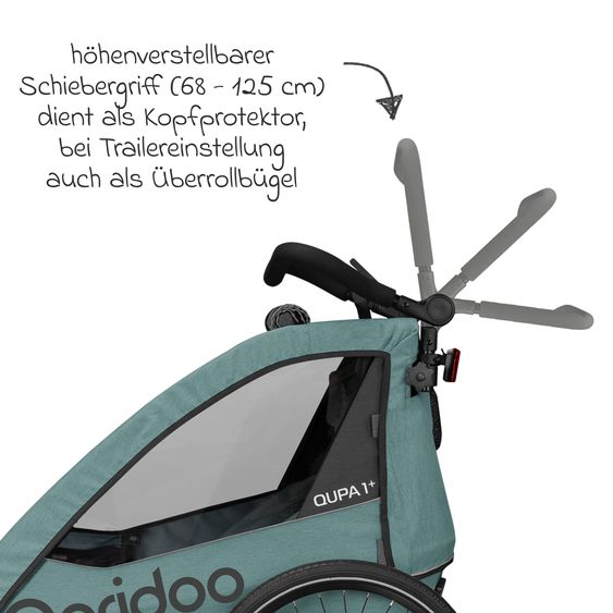 Qeridoo Kinderfahrradanhänger & Buggy Qupa 1 Plus für 1 Kind (bis 50 kg) mit Kupplung, Blattfeder-Dämpfsystem, 3in1 Verdeck - Mineral Blue