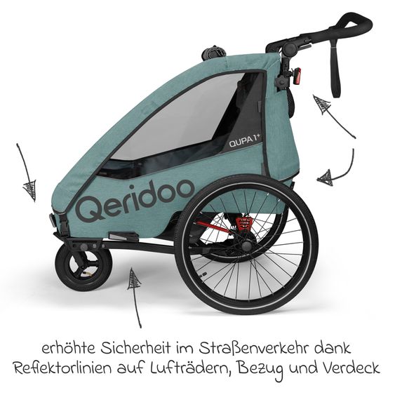 Qeridoo Kinderfahrradanhänger & Buggy Qupa 1 Plus für 1 Kind (bis 50 kg) mit Kupplung, Blattfeder-Dämpfsystem, 3in1 Verdeck - Mineral Blue
