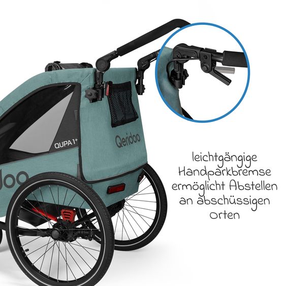 Qeridoo Kinderfahrradanhänger & Buggy Qupa 1 Plus für 1 Kind (bis 50 kg) mit Kupplung, Blattfeder-Dämpfsystem, 3in1 Verdeck - Mineral Blue