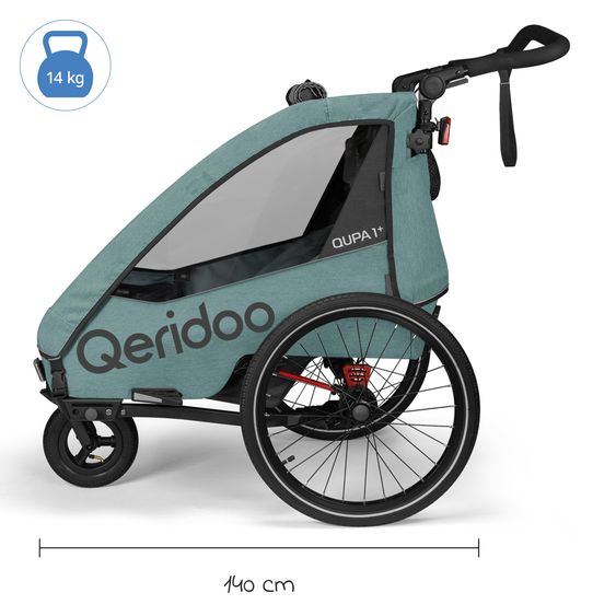 Qeridoo Kinderfahrradanhänger & Buggy Qupa 1 Plus für 1 Kind (bis 50 kg) mit Kupplung, Blattfeder-Dämpfsystem, 3in1 Verdeck - Mineral Blue