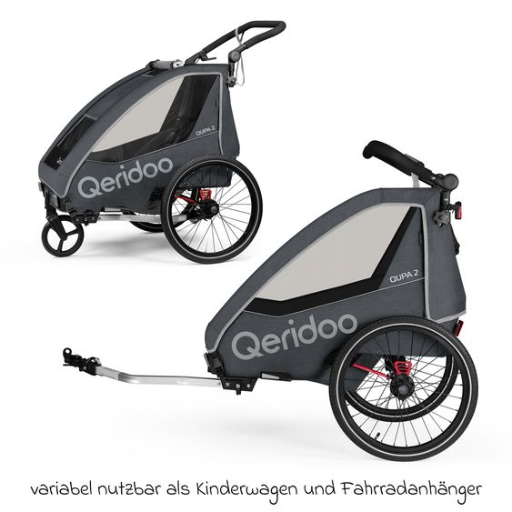 Qeridoo Kinderfahrradanhänger & Buggy QUPA 2 für 2 Kinder (bis 60 kg) mit Kupplung, Blattfeder-Dämpfsystem - Grey