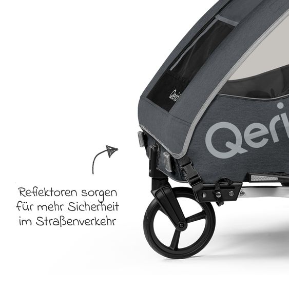 Qeridoo Kinderfahrradanhänger & Buggy QUPA 2 für 2 Kinder (bis 60 kg) mit Kupplung, Blattfeder-Dämpfsystem - Grey