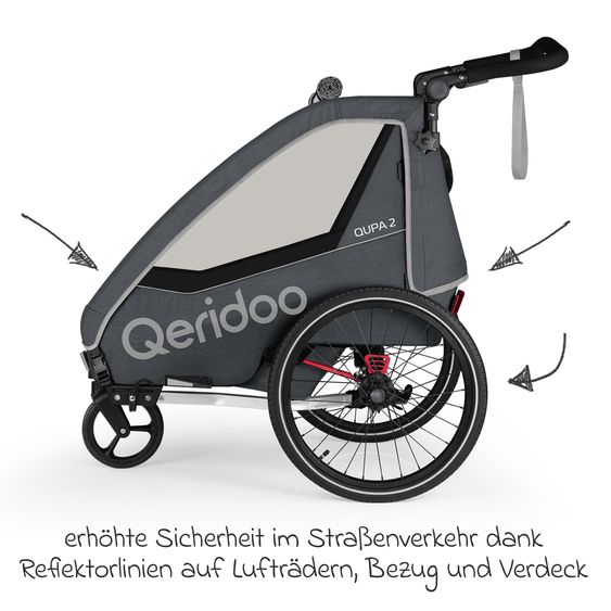 Qeridoo Kinderfahrradanhänger & Buggy QUPA 2 für 2 Kinder (bis 60 kg) mit Kupplung, Blattfeder-Dämpfsystem - Grey