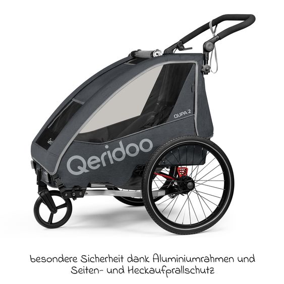 Qeridoo Kinderfahrradanhänger & Buggy QUPA 2 für 2 Kinder (bis 60 kg) mit Kupplung, Blattfeder-Dämpfsystem - Grey