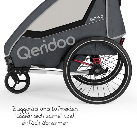 Qeridoo Kinderfahrradanhänger & Buggy QUPA 2 für 2 Kinder (bis 60 kg) mit Kupplung, Blattfeder-Dämpfsystem - Grey