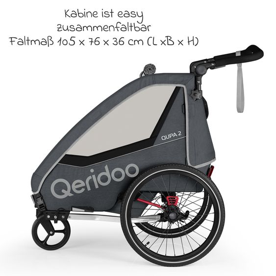 Qeridoo Kinderfahrradanhänger & Buggy QUPA 2 für 2 Kinder (bis 60 kg) mit Kupplung, Blattfeder-Dämpfsystem - Grey