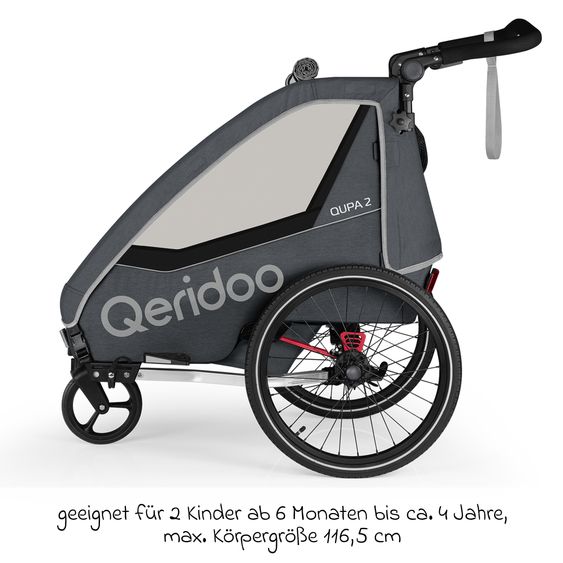 Qeridoo Kinderfahrradanhänger & Buggy QUPA 2 für 2 Kinder (bis 60 kg) mit Kupplung, Blattfeder-Dämpfsystem - Grey