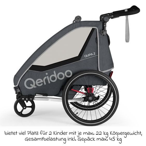 Qeridoo Kinderfahrradanhänger & Buggy QUPA 2 für 2 Kinder (bis 60 kg) mit Kupplung, Blattfeder-Dämpfsystem - Grey