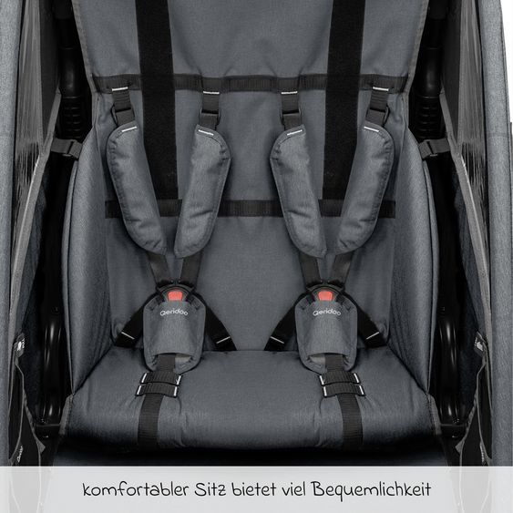 Qeridoo Kinderfahrradanhänger & Buggy QUPA 2 für 2 Kinder (bis 60 kg) mit Kupplung, Blattfeder-Dämpfsystem - Grey