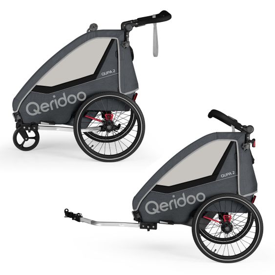 Qeridoo QUPA 2 rimorchio per bici e passeggino per 2 bambini con gancio, sistema di ammortizzazione a balestra (fino a 60 kg) - Grigio