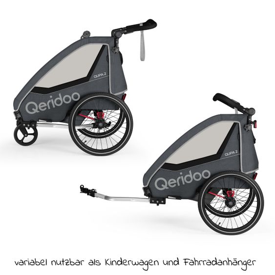 Qeridoo QUPA 2 rimorchio per bici e passeggino per 2 bambini con gancio, sistema di ammortizzazione a balestra (fino a 60 kg) - Grigio