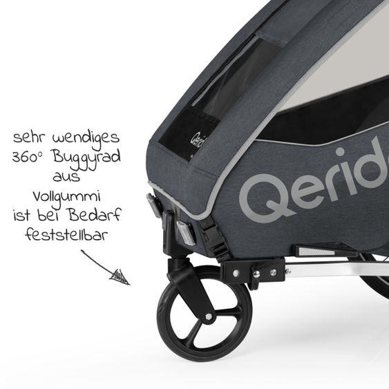 Qeridoo Kinderfahrradanhänger & Buggy QUPA 2 für 2 Kinder mit Kupplung, Blattfeder-Dämpfsystem (bis 60 kg) - Grey