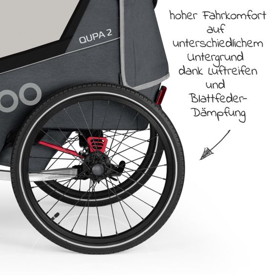 Qeridoo Kinderfahrradanhänger & Buggy QUPA 2 für 2 Kinder mit Kupplung, Blattfeder-Dämpfsystem (bis 60 kg) - Grey