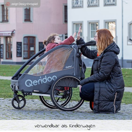 Qeridoo Kinderfahrradanhänger & Buggy QUPA 2 für 2 Kinder mit Kupplung, Blattfeder-Dämpfsystem (bis 60 kg) - Grey