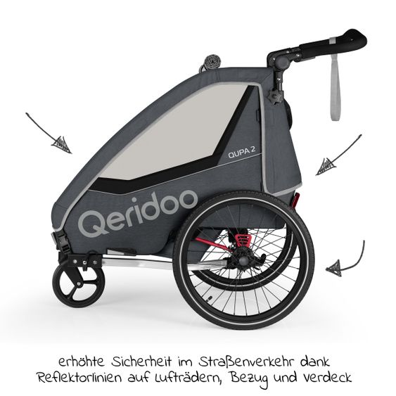 Qeridoo QUPA 2 rimorchio per bici e passeggino per 2 bambini con gancio, sistema di ammortizzazione a balestra (fino a 60 kg) - Grigio