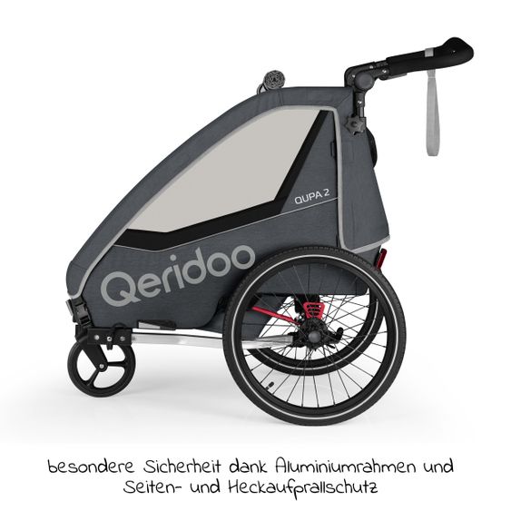 Qeridoo QUPA 2 rimorchio per bici e passeggino per 2 bambini con gancio, sistema di ammortizzazione a balestra (fino a 60 kg) - Grigio