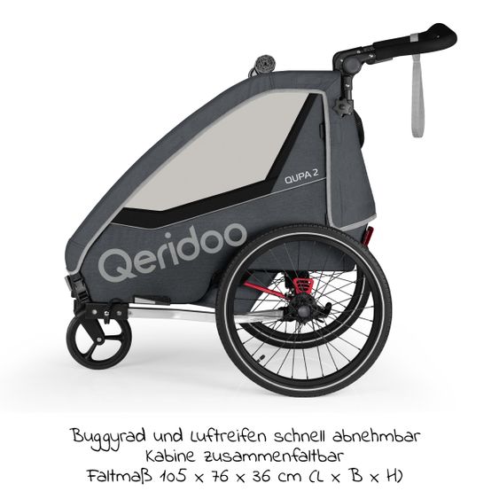 Qeridoo QUPA 2 rimorchio per bici e passeggino per 2 bambini con gancio, sistema di ammortizzazione a balestra (fino a 60 kg) - Grigio