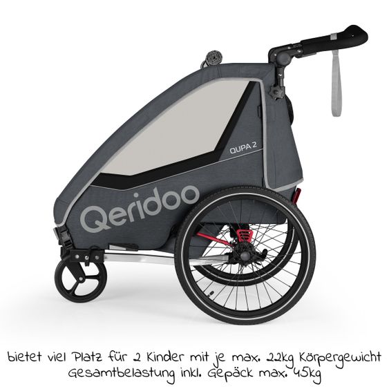 Qeridoo QUPA 2 rimorchio per bici e passeggino per 2 bambini con gancio, sistema di ammortizzazione a balestra (fino a 60 kg) - Grigio