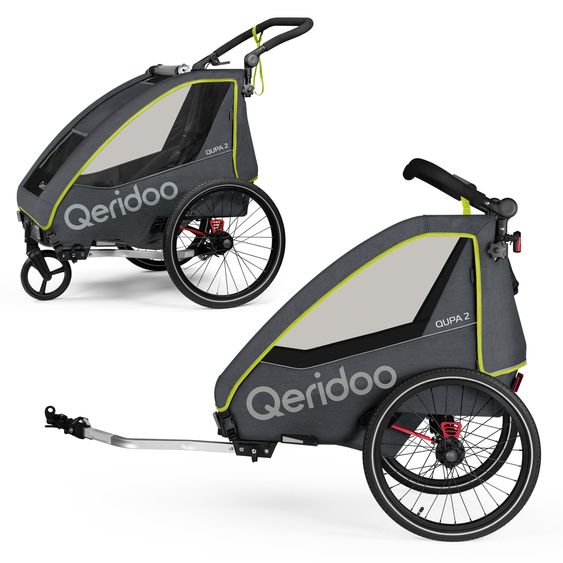 Qeridoo Kinderfahrradanhänger & Buggy QUPA 2 für 2 Kinder mit Kupplung, Blattfeder-Dämpfsystem (bis 60 kg) - Lime