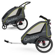 Kinderfahrradanhänger & Buggy QUPA 2 für 2 Kinder mit Kupplung, Blattfeder-Dämpfsystem (bis 60 kg) - Lime