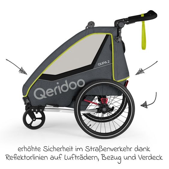 Qeridoo Kinderfahrradanhänger & Buggy QUPA 2 für 2 Kinder mit Kupplung, Blattfeder-Dämpfsystem (bis 60 kg) - Lime