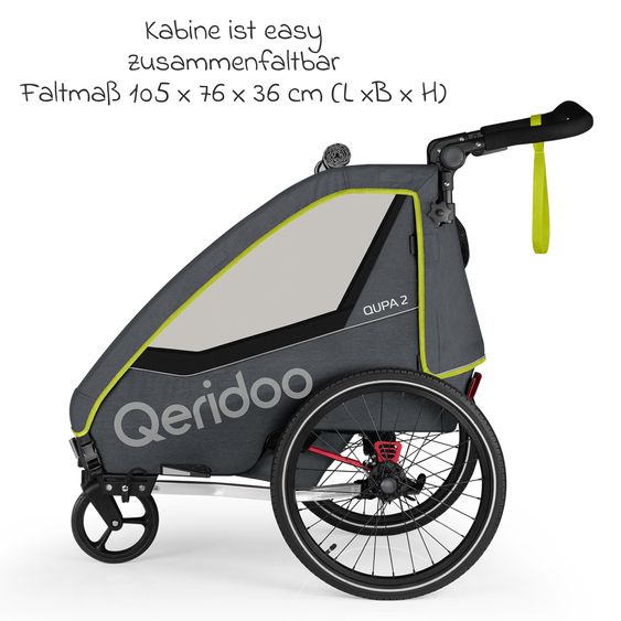 Qeridoo Kinderfahrradanhänger & Buggy QUPA 2 für 2 Kinder mit Kupplung, Blattfeder-Dämpfsystem (bis 60 kg) - Lime