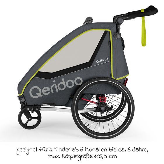 Qeridoo Kinderfahrradanhänger & Buggy QUPA 2 für 2 Kinder mit Kupplung, Blattfeder-Dämpfsystem (bis 60 kg) - Lime