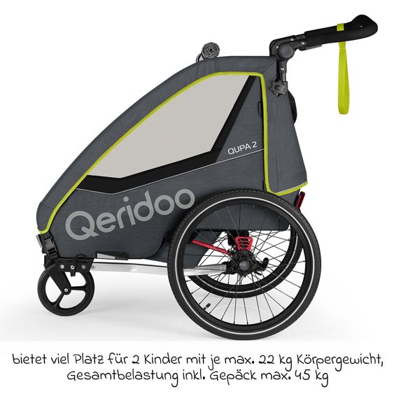 Qeridoo Kinderfahrradanhänger & Buggy QUPA 2 für 2 Kinder mit Kupplung, Blattfeder-Dämpfsystem (bis 60 kg) - Lime