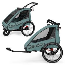 Child bike trailer & buggy Qupa 2 Plus for 2 children (up to 60 kg) with hitch, leaf spring suspension system, 3in1 canopy - Mineral Blue